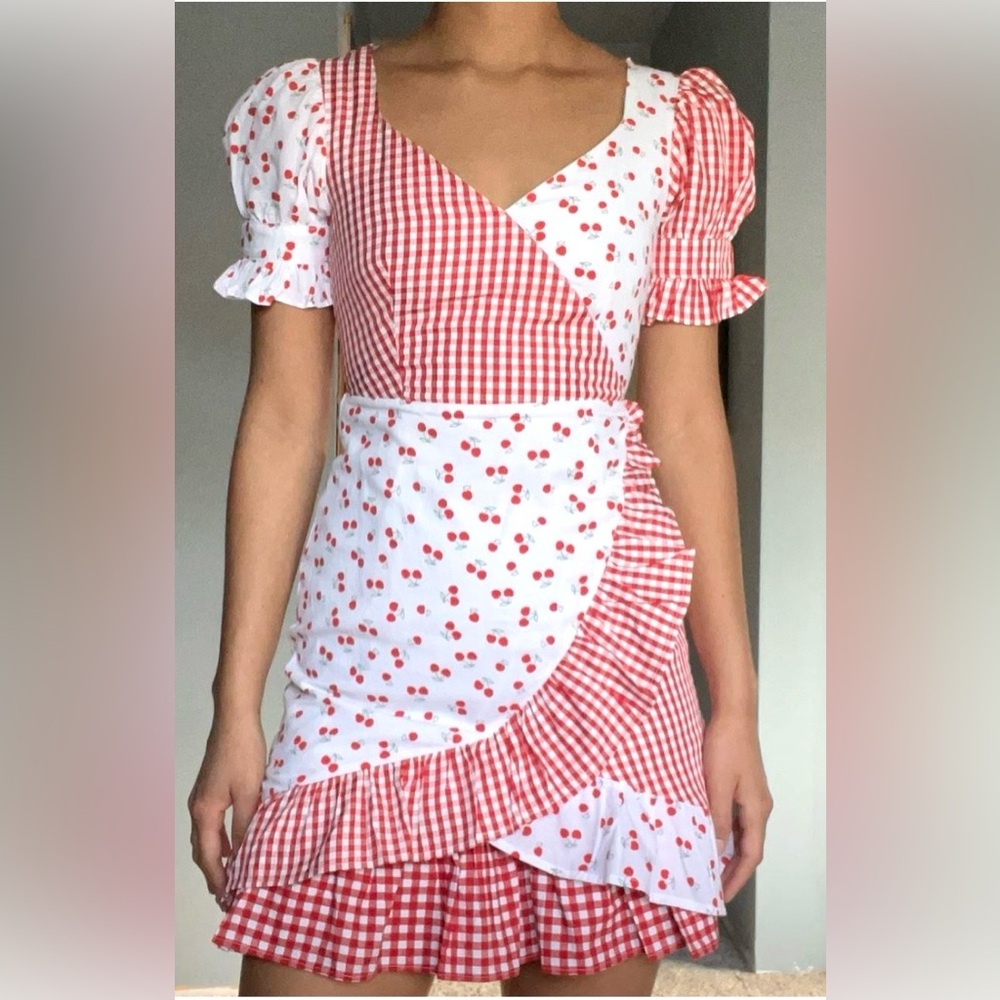 English Factory Patchwork Red White Gingham Cherries Print Mini Dress Size XS